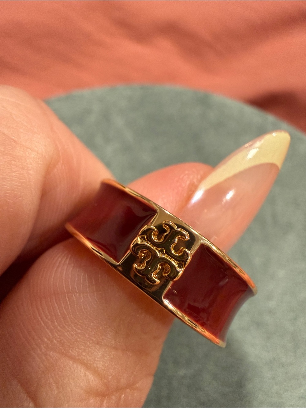 Tory Burch | Gold Plated Logo & Dark Cherry 🍒 Red Enamel Ring | Size 8